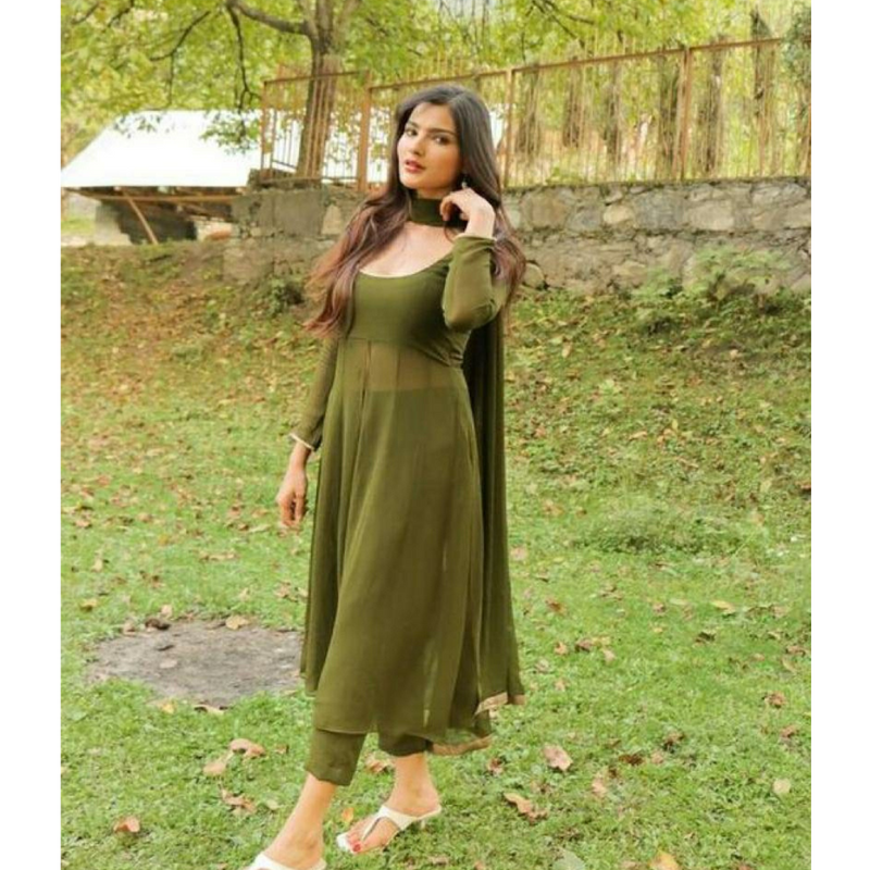 Buy Online Green Mehndi Georgette Satin Churidar Designer Suit : 114137 -  Salwar Kameez